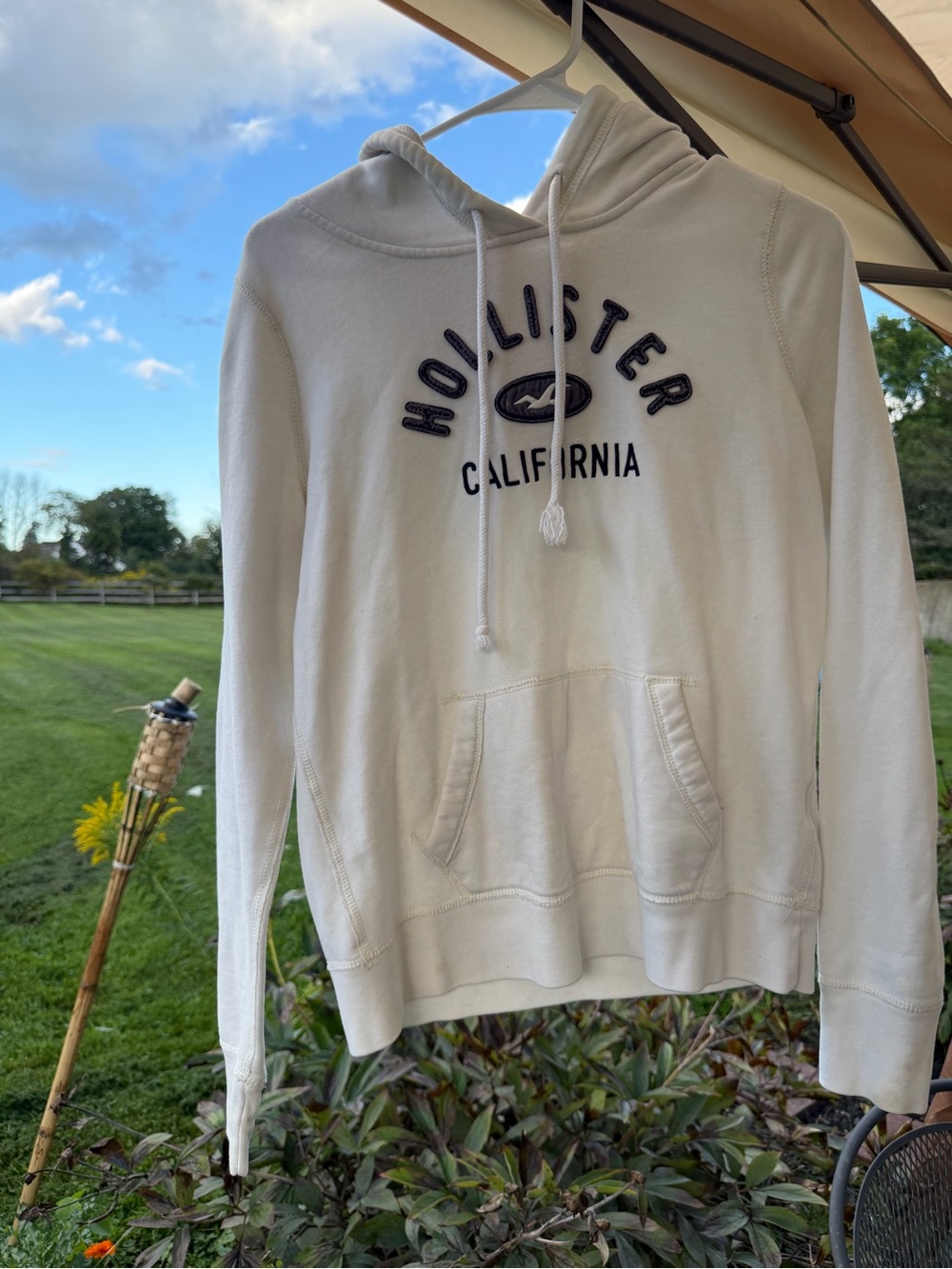 Hollister White Pullover Hoodie with Navy Logo - Women's Sweater